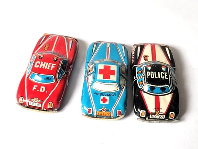 ESTAÑO LITOGRAFÍA COCHES DE JUGUETE JAPÓN 4" Lote de 3 ambulancia policía FD jefe 1950 Foto 1 de 4