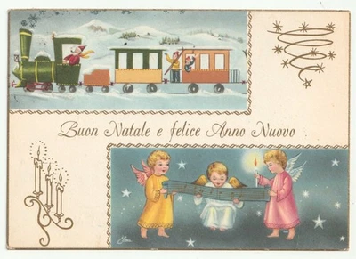 1966 cartolina vintage trenino Babbo Natale bambini angeli canzoni natalizie - Immagine 1 di 2