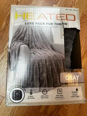 Berkshire Heated Throw Faux Fur Blanket Gray 50x60 EZ Touch 4 Heat Settings