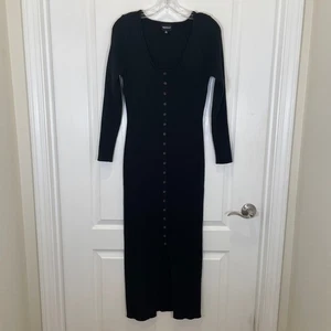 4Sienna Rippstrick Pullover Kleid Maxi Schwarz Bodycon Langarm Knopfleiste L - Bild 1 von 4