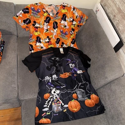 2- Women’s Disney Mickey Mouse Halloween V Neck Scrub Top Size Medium - Image 1 of 4