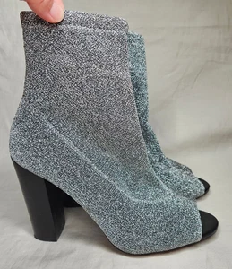 ALDO Ankle Sock Boots Womens 9 Silver Black Shimmer Stretch Open Toe Block Heel - Picture 1 of 11