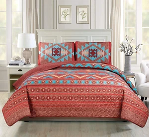 Western Southwestern Native American Quilt Set with Tribal Navajo Designs in Tur - Picture 1 of 2