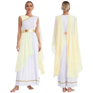 Women  Chiffon Cap Sleeve Dress Gold Trims Ancient Greece Roman Queen Costume - Picture 1 of 55