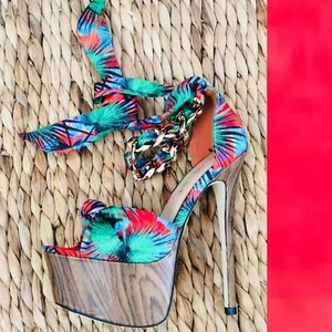 NIB Shoedazzle KNOX Retro PIN-UP Tropical Ribbon Chain VLV PLATFORM Heels 6.5 - Picture 1 of 11