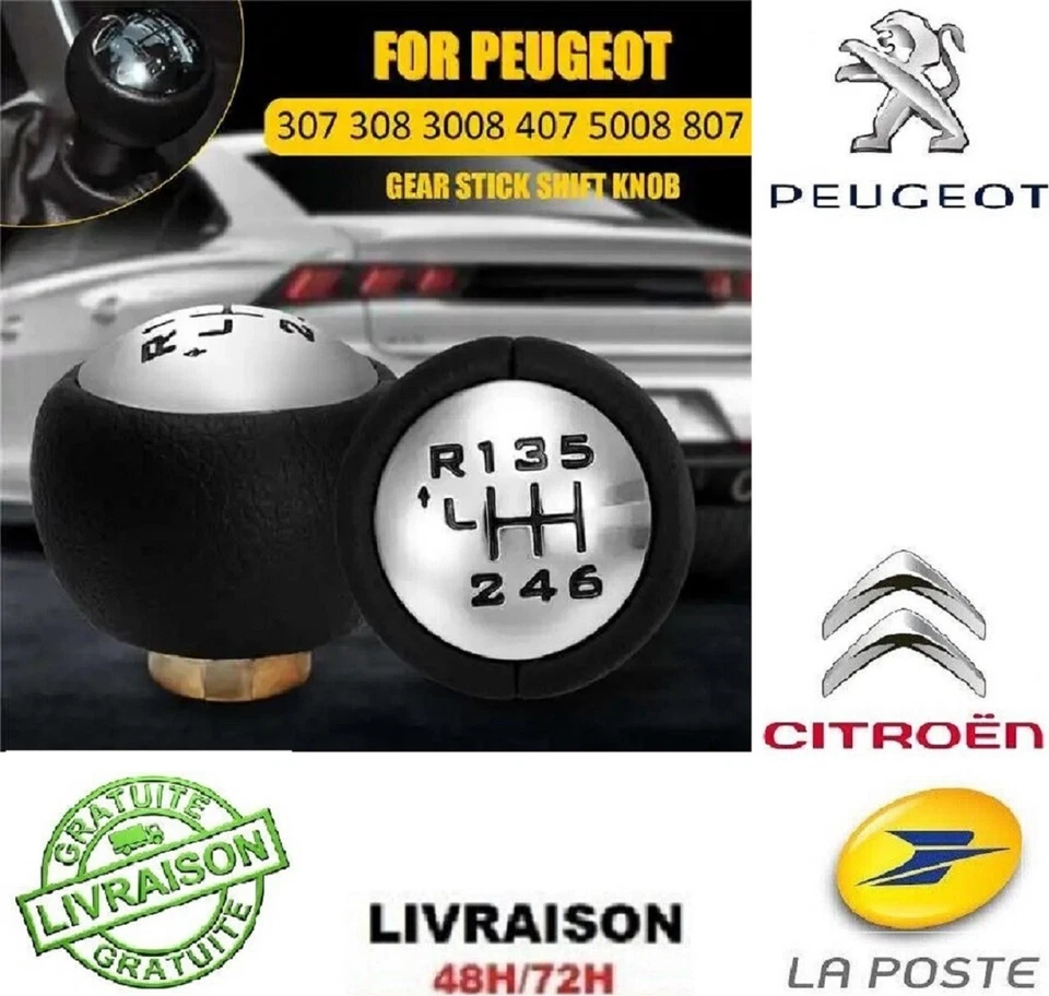 Pommeau levier de vitesse 6 compatible Citroën C3 C4 C8 Jumpy Peugeot 308 3008 - Photo 1/4