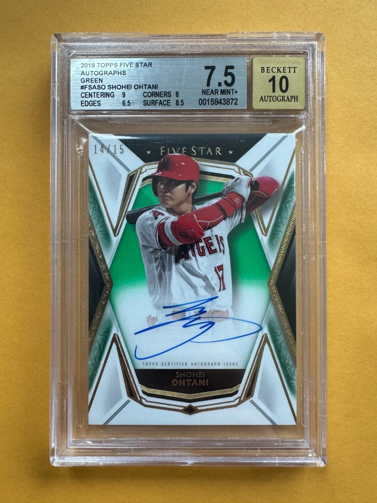 2019 TOPPS FIVE STAR AUTOGRAPHS SHOHEI OHTANI #FSASO 14/15 GREEN  7.5/10 AUTO
