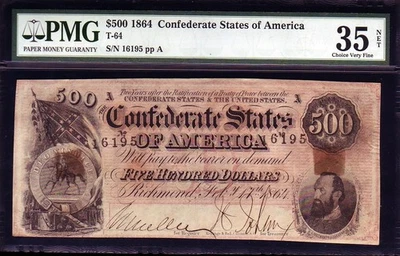 T64 $500 1864 ESTADOS CONFEDERADOS DE AMÉRICA.  PMG ELECCIÓN MUY FINA 35. Foto 1 de 2