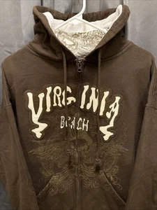 VTG Ragwear Virginia Beach Embroidered Graphics Brown Hoodie Sweatshirt Size XL - Picture 1 of 14