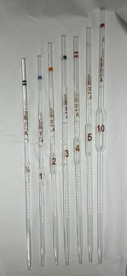 Juego de 7 pipetas de vidrio volumétrico Kimax 0,5 ml-10 ml utensilios de laboratorio de precisión clase A Foto 1 de 2