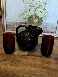 Vintage Anchor Hocking Ball Tilted Ruby Red Glass Juice Pitcher 2 Flat Tumblers - Picture 1 of 9
