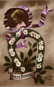  Vintage French RPPC Postcard Pretty Lady Daisies Horse Shoe Good Luck 1914  - Picture 1 of 3