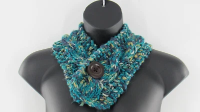 Fossil Blue Knit SCARF Muffle Collar Neck Wrap 32" Brown Button Closure BOHO - Image 1 of 4