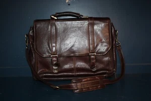 Vtg M&S brown all leather shoulder computer brief case messenger bag - Picture 1 of 22
