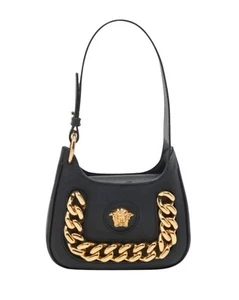 Versace La Medusa Bag Black Leather Size Small Hobo Bag With 3D Chain Plaque - Picture 1 of 20