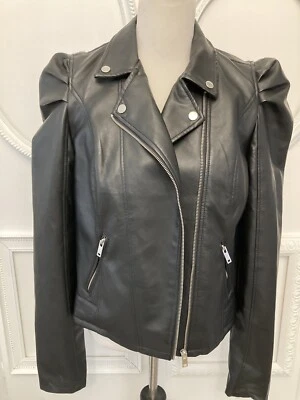 New Look Faux Leather Moto Jacket Women’s Size L Black Crop Zip Front Vtg Look - Image 1 of 4