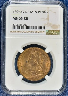 GB VICTORIA BRONZE PENNY 1896 ++ NGC CERT. - MS 63 RB - LUSTRE!! ++ [999-68] - Image 1 of 2