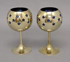 Votive Candle Holder Brass Blue Glass Liner Star Cutouts 4"D 6"High Set/2 - Picture 1 of 5