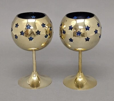 Votive Candle Holder Brass Blue Glass Liner Star Cutouts 4"D 6"High Set/2 - Image 1 of 4