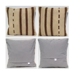 Set of 2 Handmade Kilim Pillow Covers Beige and Brown Striped Desig Rug 18"X18" - Picture 1 of 7