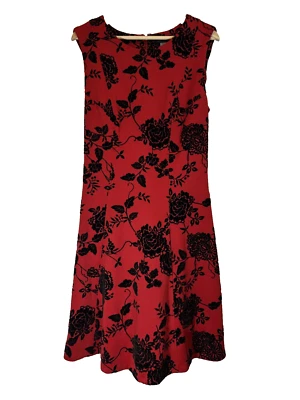 Tommy Hilfiger Red Dress Black Velvet-Flocked Shadow Floral A-line Size 14 - Image 1 of 4