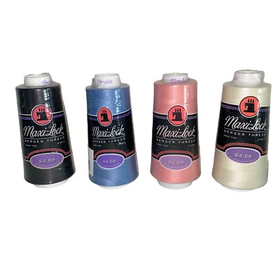 Maxi Lock Serger Thread Lot 4 Chicory Blue Pink Eggshell Black 3000 Yd Spools - Image 1 of 4