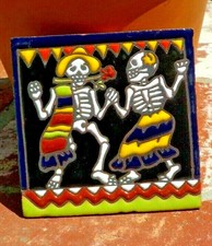 DAY OF THE DEAD COUPLE DANCING RED TILE 4 IN  4 IN TALAVERA MEXICO FREE SHIPPING