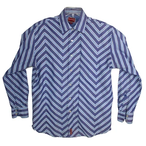 Red Label Hilfiger Shirt Blue Chevron Stripe Men M Long-Sleeve 100% Cotton - Picture 1 of 12