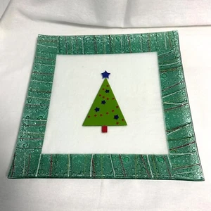 Gorham Christmas Splendor Tree Fused Glass 14" X 14" Serving Holiday Platter - Picture 1 of 12