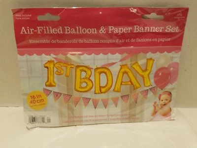 17 pc First 1st Birthday Balloon And Banner Set 16" Letters Pink and Gold 37372 - Image 1 of 2