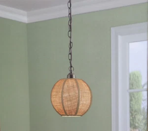 Kitchen Island Ceiling Mini Pendant 1 Light Lighting BURLAP Fabric Shade BRONZE - Picture 1 of 2