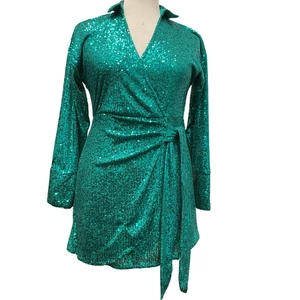 River Island Green Sequin Wrap Dress UK 12 Elegant Party Wear Wrap Short Collar - Picture 1 of 10