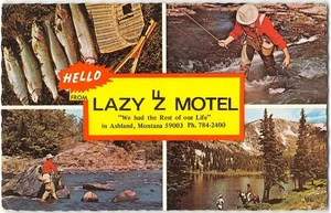 LAZY FZ MOTEL Ashland, Montana Fishing Scenes 1950s Vintage Chrome Postcard - Picture 1 of 2