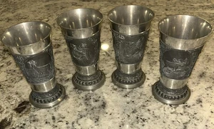 Heavy German Pewter Cups, goblets, Elk, Deer Hunters 5.5 Inches tall Set Of 4 - Picture 1 of 8
