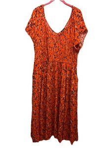 Abito donna torrido midi garza smocked floreale skater scollo a V 3X motivo arancione - Foto 1 di 5