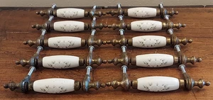 Vtg Lot Of 10 Brass Porcelain Drawer Pulls Cabinet  Handles Floral Flower Design - Picture 1 of 6