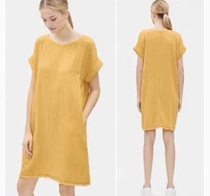 EILEEN FISHER Organic Cotton Crinkle Gauze Shift Midi V-Neck Dress Sz MP - Picture 1 of 7