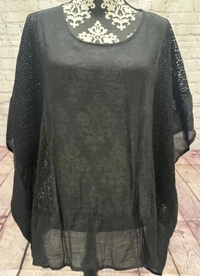 MONORENO Women Black Crochet Lace Panels Rounded Neck Pullover Poncho Cover Up M - Image 1 of 4