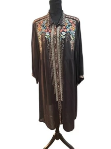 Johnny Was Plus 1X Kleid braun Blumen bestickt Knopfleiste 3/4 Ärmel Kragen - Bild 1 von 8