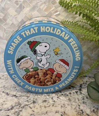 New PEANUTS / CHEX  PARTY MIX holiday tin+recipe+seasoning Snoopy Charlie Brown - Image 1 of 4