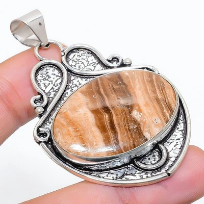 Pendente In Argento Sterling 925 Fatto A Mano In Gemma Amazonite Marrone 2.36" - Immagine 1 di 4