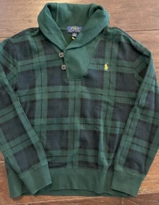 Polo Ralph Lauren Green Navy Blue Plaid Shawl Sweatshirt Sweater 10-12 Holiday - Picture 1 of 6