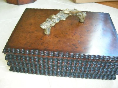 Jonathan Charles Burl Walnut Gadrooned Box Antique Brass Gecko & Frog Accents - Image 1 of 4