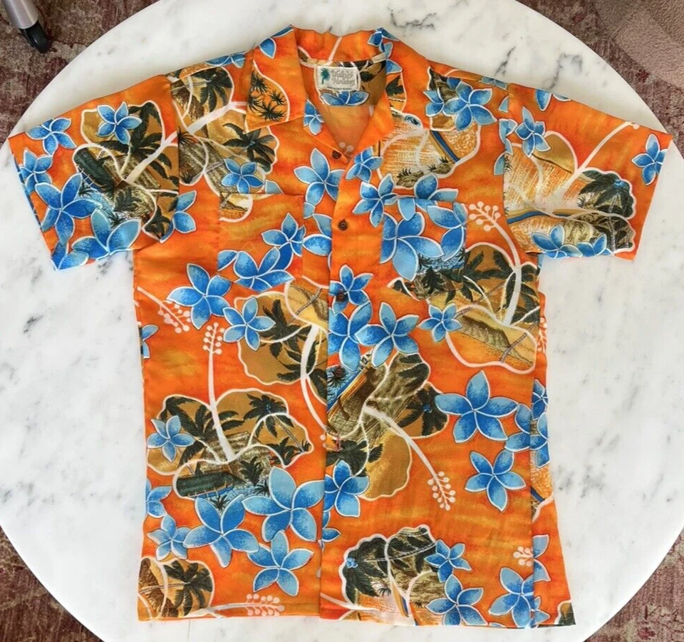 Vintage Waikiki Holiday Hawaiian Polyester Boys Shirt Orange Plumeria Size 18 - Image 1 of 4