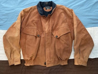 Vintage Vera Pelle Suede Bomber Jacket Label Size 54 XL Tan Zip Up Made In Italy - Image 1 of 4