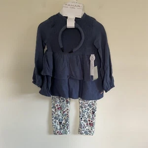 NWT TAHARI GIRLS Sz 5 Beautiful 3 Pc Pant Set Headband Blue Tunic Top Leggings - Picture 1 of 11