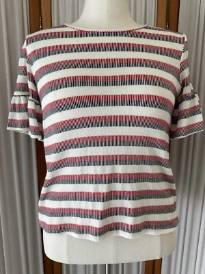 Suéter Pullover Pleione Mujer Talla S Blanco Rojo Rayas Manga Corta Puño Campana Foto 1 de 4