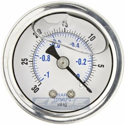 LIQUID FILLED VACUUM GAUGE -30-0 PSI, 1.5" FACE, 1/8" NPT BACK MOUNT - Image 1 of 2