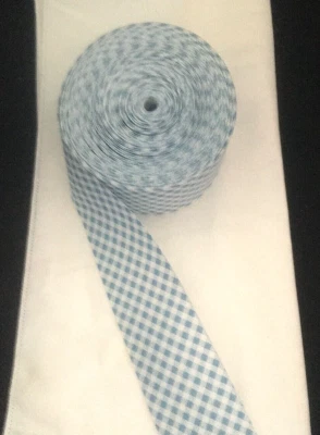 Vintage Bias Tape Cotton 1.625" Wide Light Blue & White Gingham Check 20 YDS - Image 1 of 4