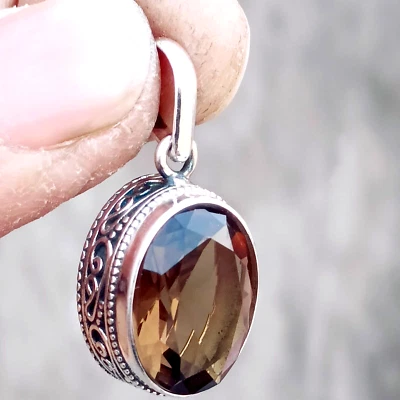 Smoky Quartz Gemstone Handmade Pendant, 925 Sterling Silver Handmade Pendant - Image 1 of 4